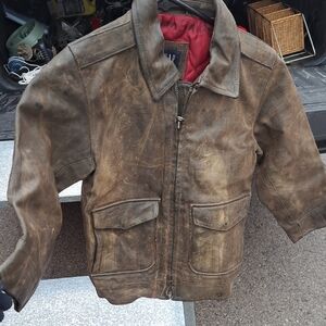 GAP Kids Red and Brown Distressed Leather Jacket